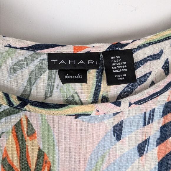 Tahari Multicolor Palm Print Tropical Short Sleeve Linen‎ Blouse Plus Size 3X - Picture 6 of 7